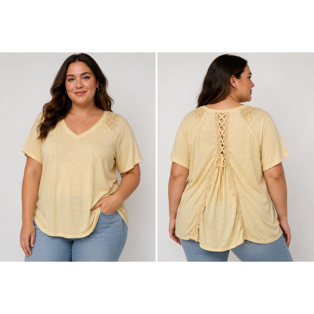 Cato Yellow T Shirt Lace up back minimalist capsule summer cottage festival XL